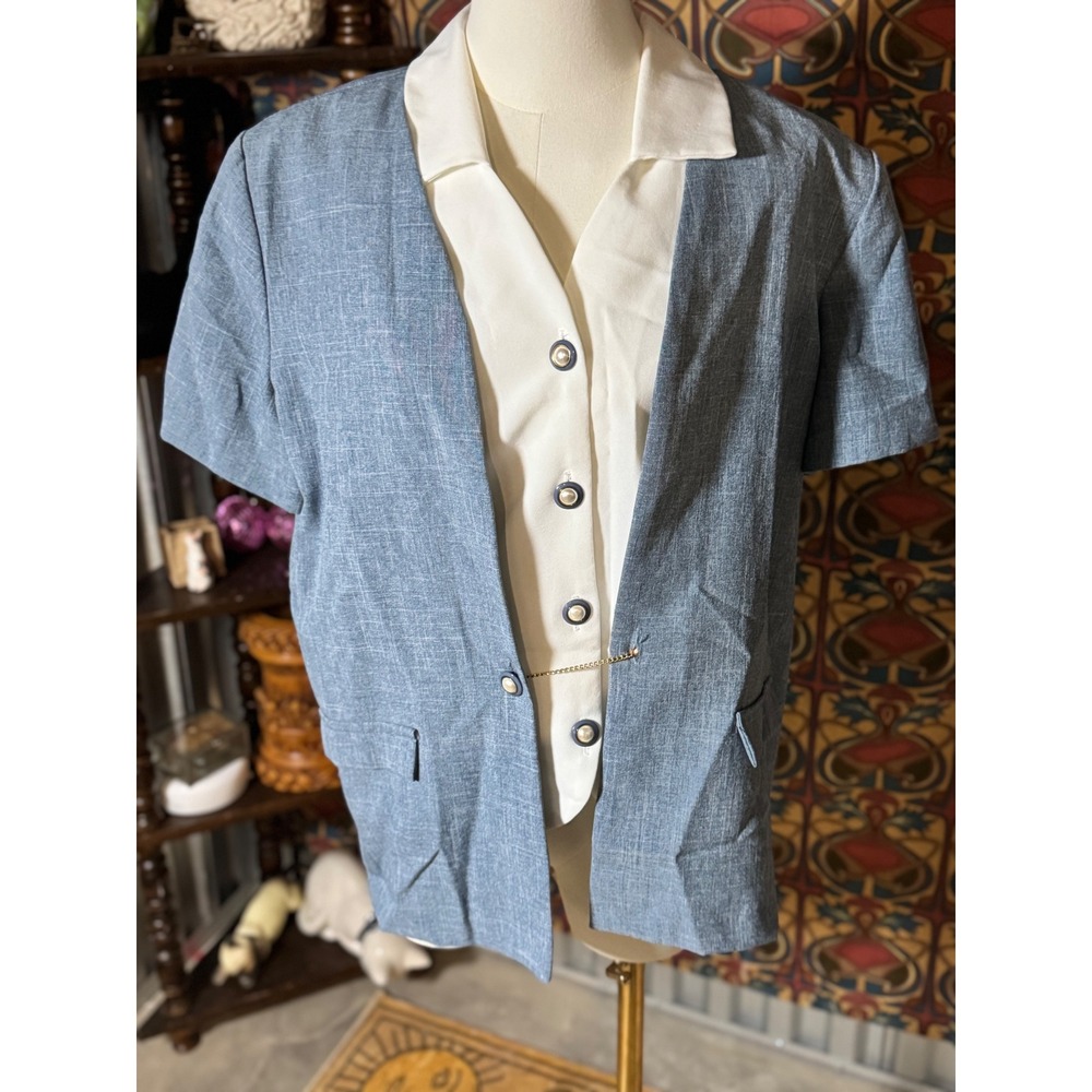 Promises Petite Blue Blazer Vest Set Short Sleeve Button Up Womens Size‎ 14P